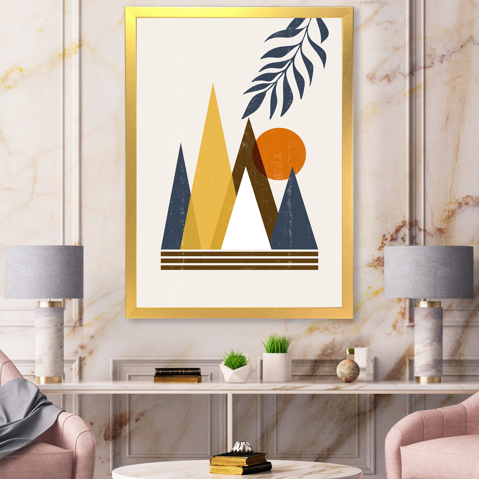 Designart 'Abstract Moon and Sun In Mountains I' Modern Framed Art Print