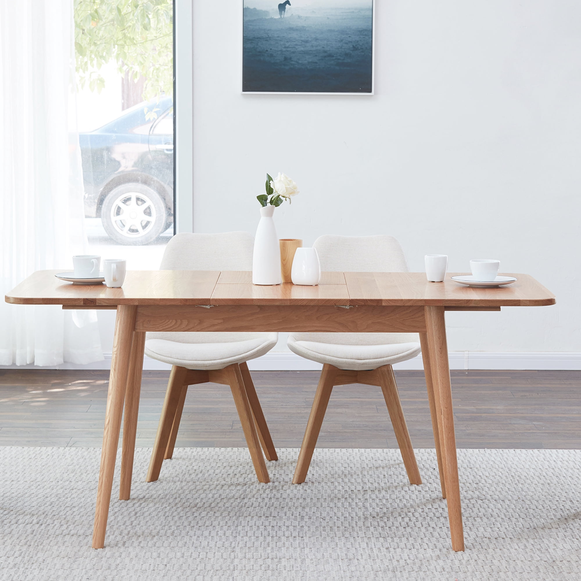 MAYEERTY Natural Solid Oak Round Corner Telescopic Dining Table (1.2-1.6m)