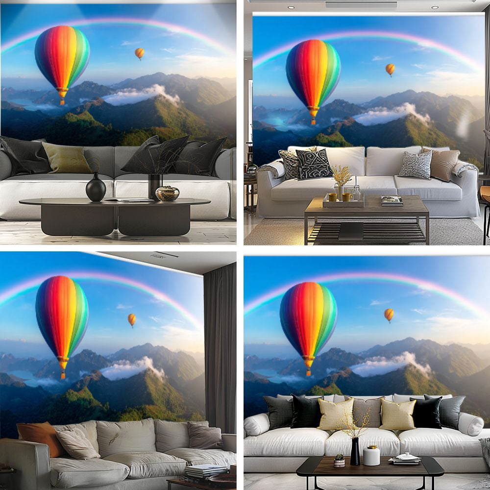 Peel and Stick Wallpaper Colorful Hot Air Balloons Mountain Landscape Rainbow Modern Art Wall Mural Decor Self Adhesive and Removable 69in x 98in