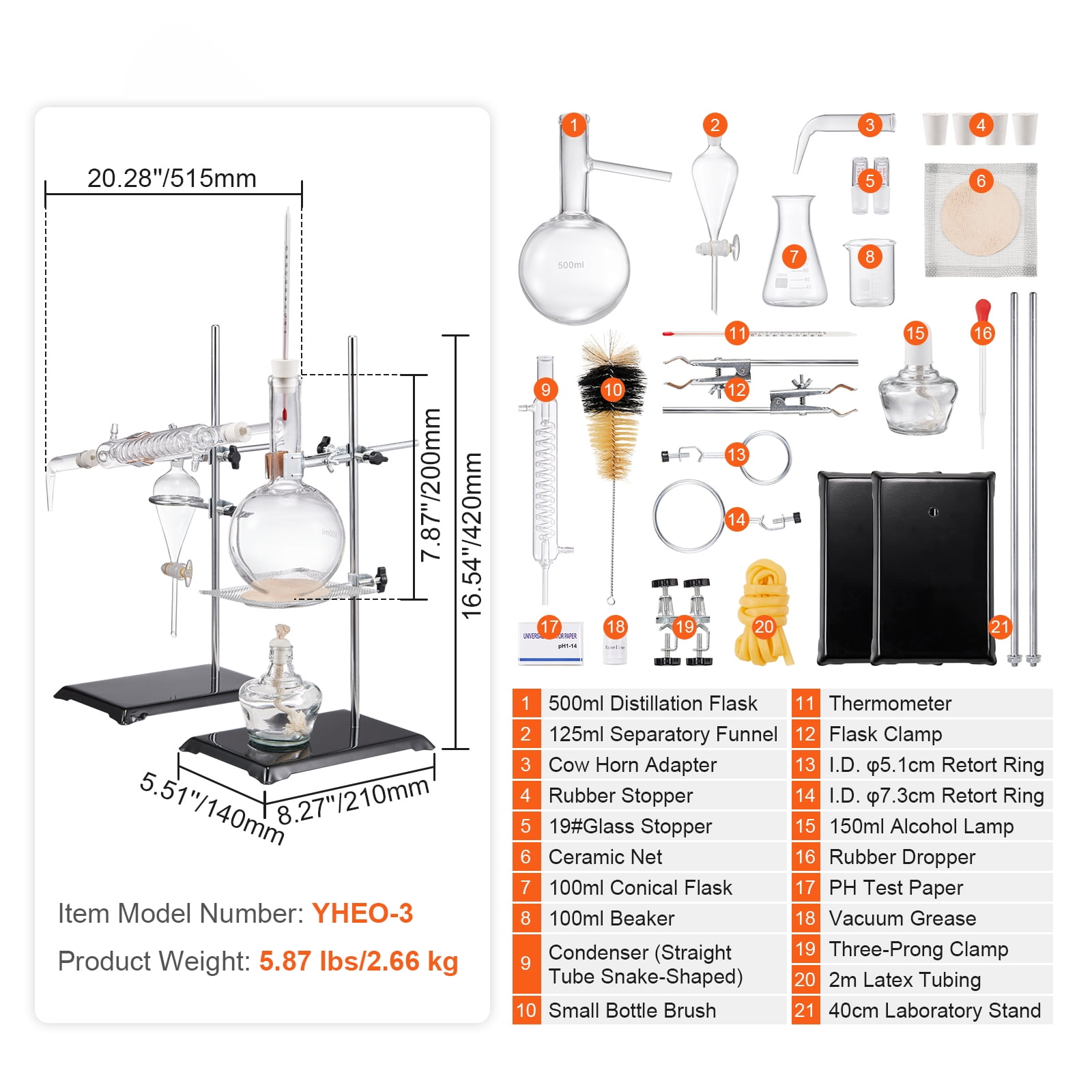 KFFKFF Essential Oil Distillation Equipment, 500ml Glassware Set, Includes 3.3 Boro Laboratory Glass, Alcohol Burner, Ceramic Mesh, 24/40 Joint, 28 Piece Kit