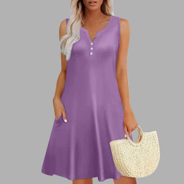 SEAOPEN Robes Sans Manches pour Femmes, Robe Tunique Ample, Robe de Plage avec Poche, Violet, L