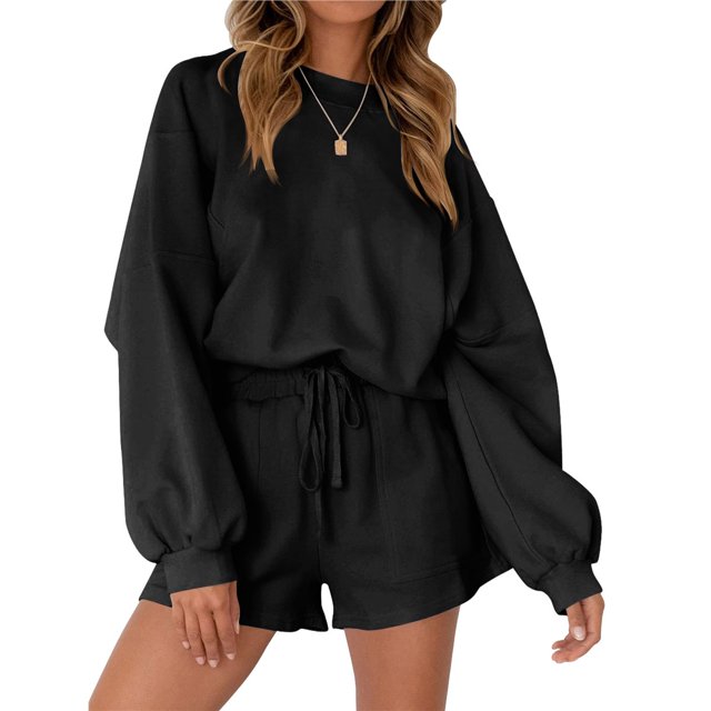 Conjuntos de Dos Piezas para Mujer, Otoño 2025, con Mangas Murciélago Extragrandes, Top y Pantalones Cortos Informales, Chándal. Negro M