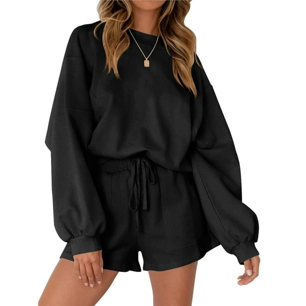 Conjuntos de Dos Piezas para Mujer, Otoño 2025, con Mangas Murciélago Extragrandes, Top y Pantalones Cortos Informales, Chándal. Negro L