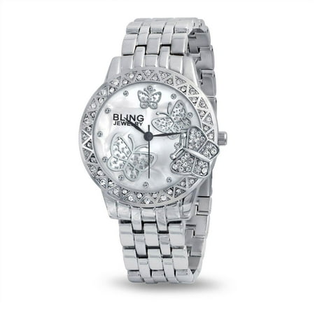 - 3D Butterfly White Crystal Round Bezel Dial Face Wrist Watch Bracelet Band For Women Silver Tone Steel Back Quartz