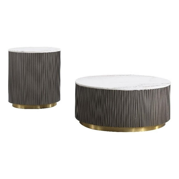 Jason 2-piece Round Marble Top Drum Base Coffee and End Table Set White