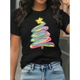 thumbnail image 2 of Woman Christmas Shirt Rainbow Christmas Tree Graphic T-Shirt Pure Cotton Casual Short Sleeve Black Top, 2 of 6