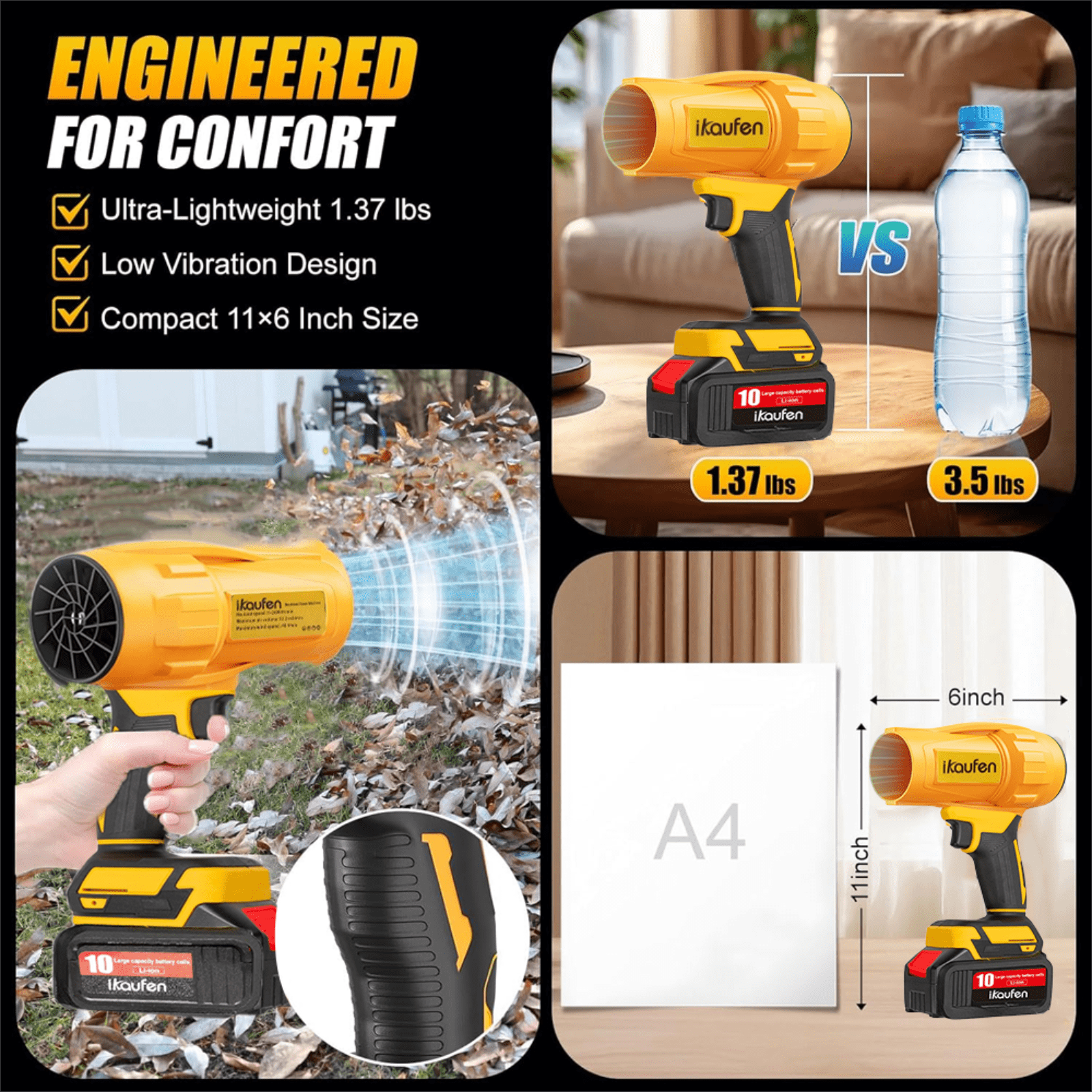 20V Cordless Leaf Blower with Brushless Motor, 56M/s High Velocity Fan Blower, 3 Adjustable Speeds, Lightweight Handheld Blower for Yard Cleaning, Snow Blowing