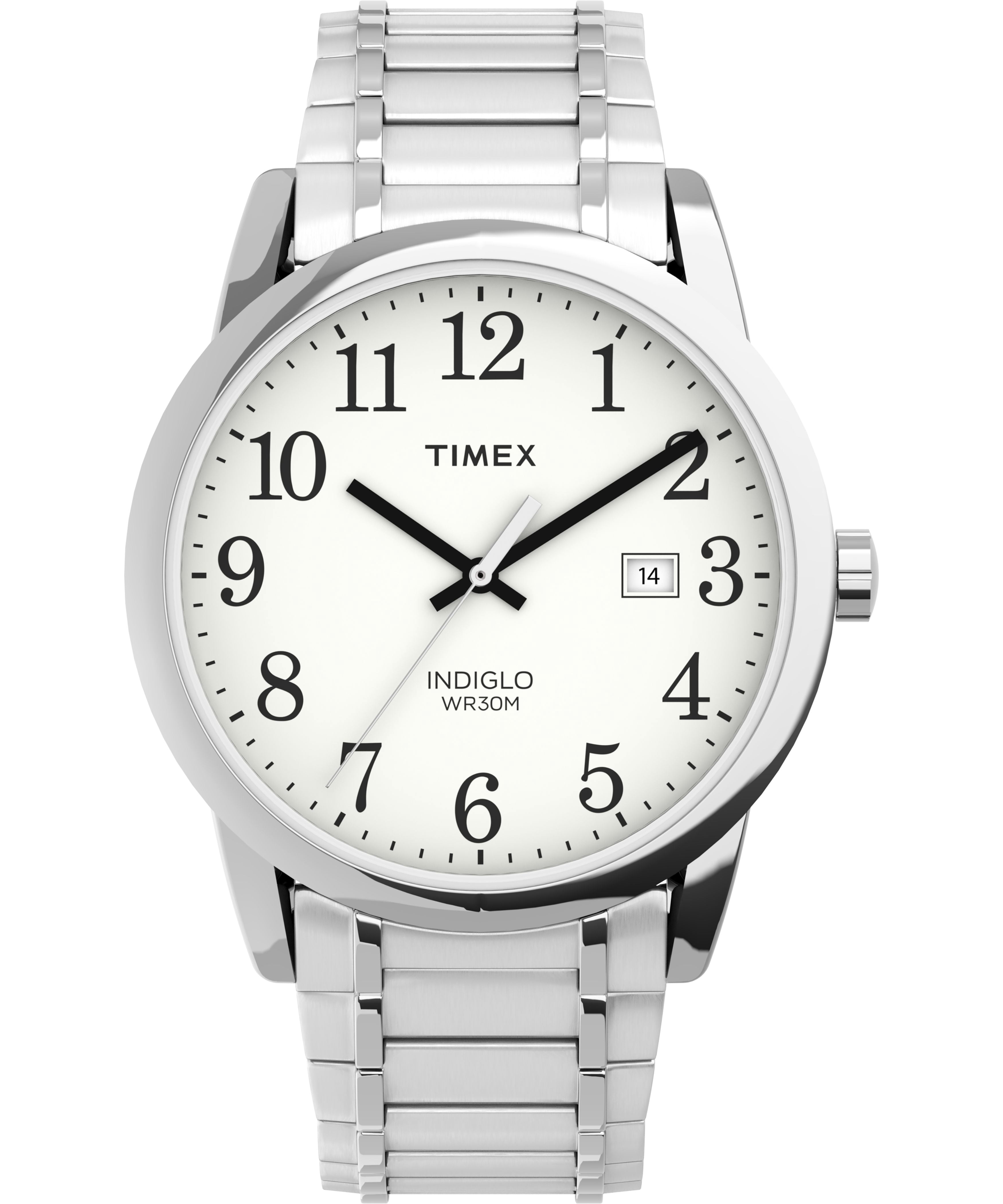 Timex Men's Easy Reader Date Silver/White 38mm Casual Watch, Tapered Expansion Band