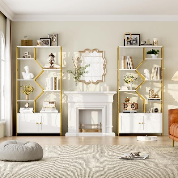 Keyluy 76" 5-Tier Gold Bookshelf with Doors, Set of 2 Bookshelves and Bookcases with Storage Cabinet, Tall Etagere Bookcase Book Shelf, Open Display Shelf for Living Room, Home Office, White and Gold