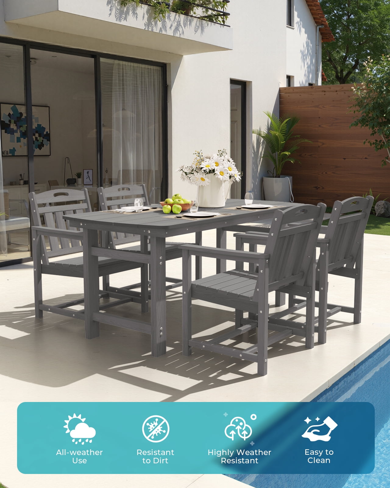 Harbweb 6-Person Weather Resistant Patio Dining Table with Umbrella Hole, Gray