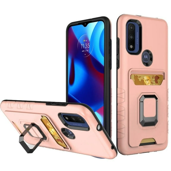 For Motorola Moto G Pure XT2163DL 2021 Card Holder Ring Stand Cover Cell Phone Case - Rose Gold