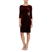 Alex Evenings 3/F4 Sleeves Short Side Ruched Dress w/F Beaded Detail At Hip (Unisex, Wine, 8)