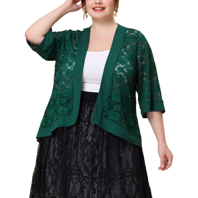 Cárdigan de encaje de ganchillo para mujer GRACE & GRANDEUR, talla grande, casual, de manga 3/4, ligero y transparente, cubre verano 3X verde