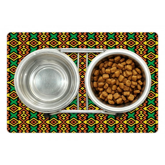 Kente Pattern Pet Mat for Food and Water, Exotic Vertical Borders from Angola Nigeria Cultures Print, Non-Slip Rubber Mat for Dogs and Cats, 18" X 12", by Ambesonne
