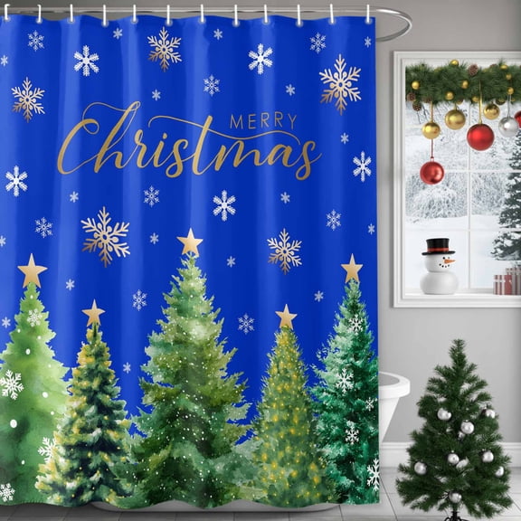 Shower Curtain 36"W x 72"L Green Christmas Tree Snowflake Blue Fabric Shower Curtains Set with Hooks Water Repellent Bathroom Curtains Machine Washable Bathroom Accessories
