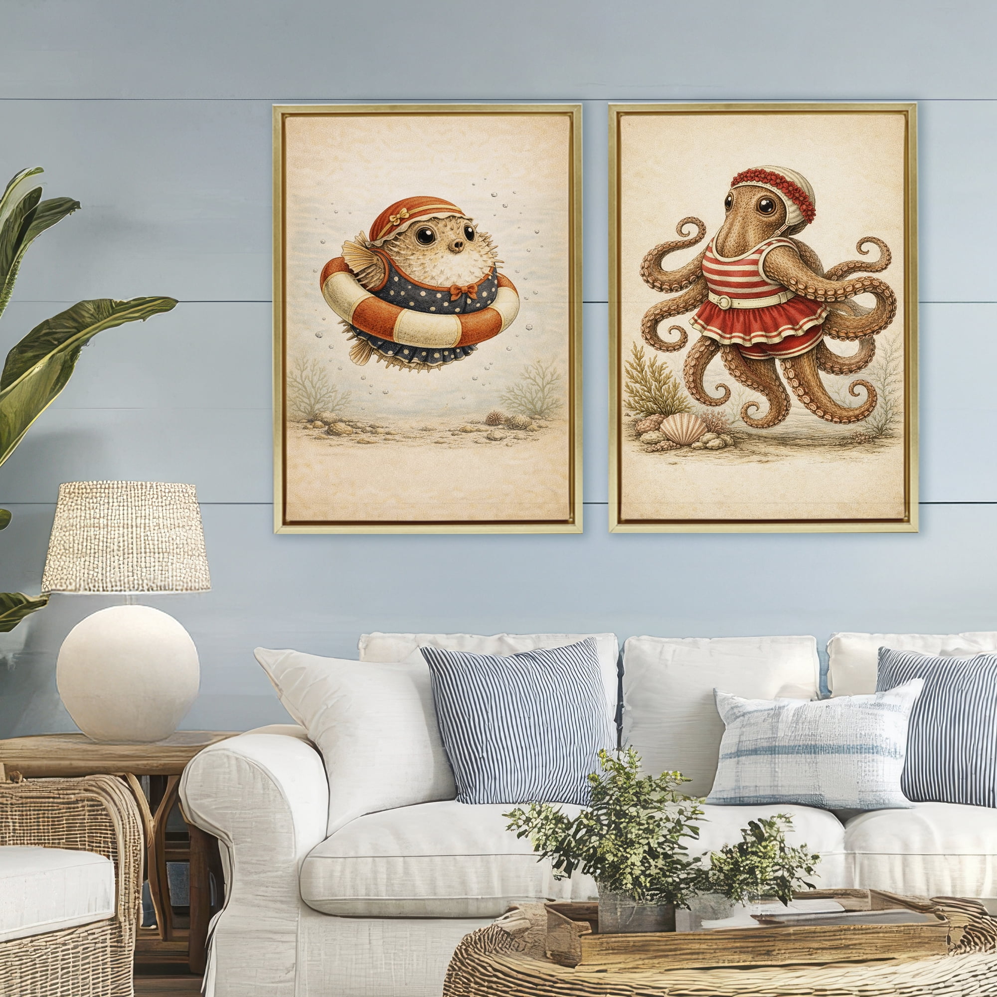 Stupell Industries Vintage Maritime Bathing Creatures 2 Piece Gold Framed Floater Canvas Set, design by Grotto Studios
