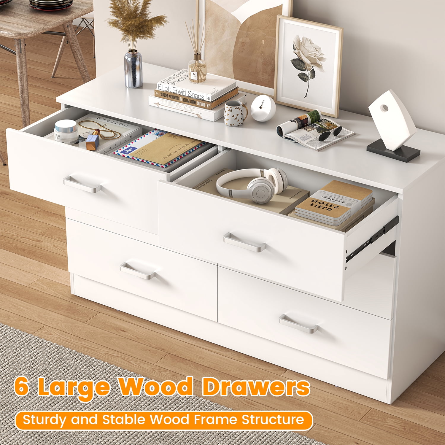 White Dresser for Bedroom, Winkalon 6 Drawers Dresser Modern Wood Double Chest of Drawers for Bedroom Living Room