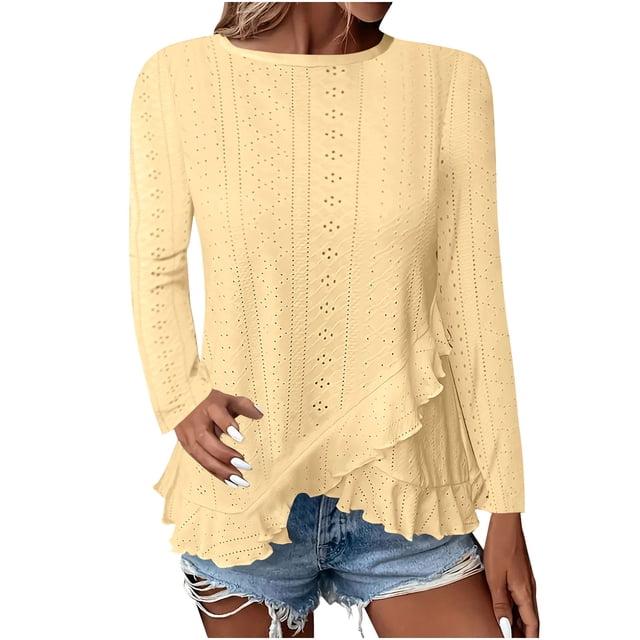 Plebaso Blouses à Manches Longues pour Femmes, Col Rond, Ourlet Irrégulier, Chemises de Printemps