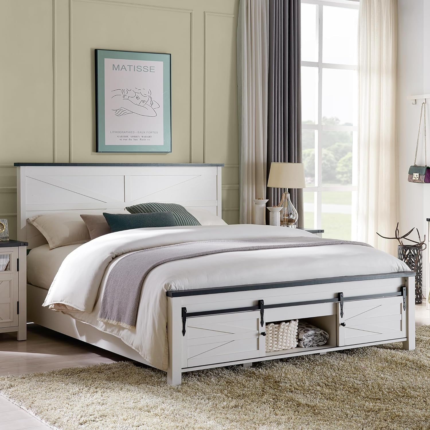 T4TREAM Farmhouse King Size Platform Bed Frame with Headboard and 3 Barn Door Storage Cabinets, No Box Spring Needed, Mattress Not Included, White