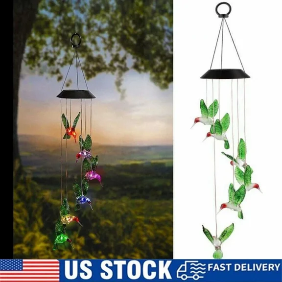 PURELY- Color-Changing Led Solar Powered Hummingbird Wind Chime Lights Yard Garden Decor