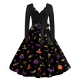 thumbnail image 2 of Women's Halloween Dress Castle Spider Long Sleeve Cocktail Hepburn Funny Dresses V Neck 1950s Fall Classic Dress with Belt S, 2 of 5