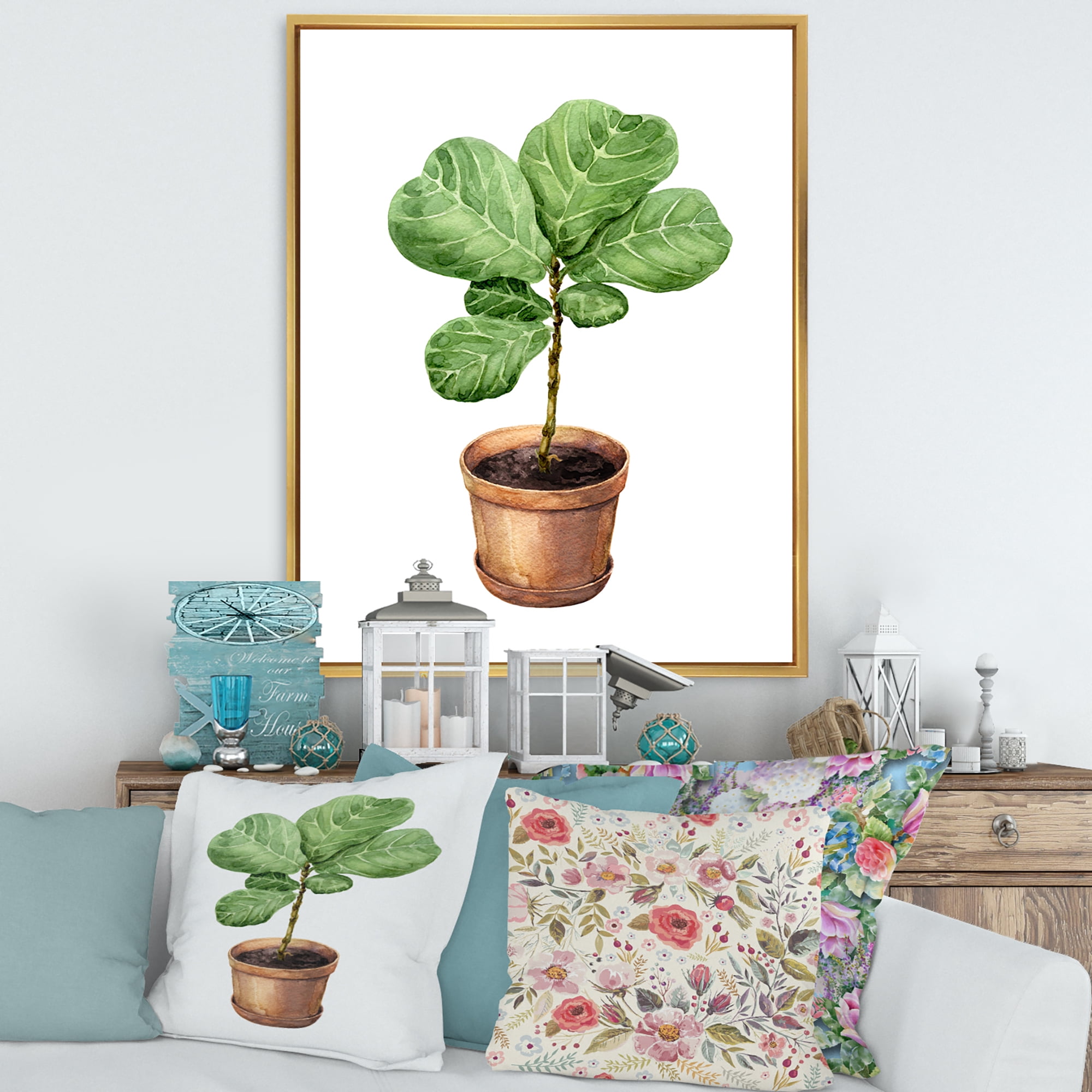 Designart 'Ficus Lyre Plant In Clay Flowerpot' Traditional Framed Canvas Wall Art Print