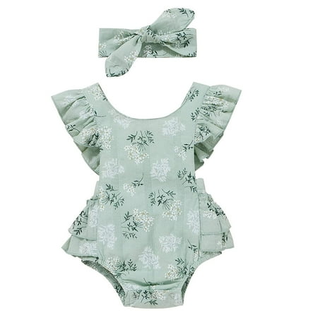 

DNDKILG Baby Toddler Girls Floral Ruffle Sleeveless Flutter Sleeve Bodysuits Green 0-24M 90