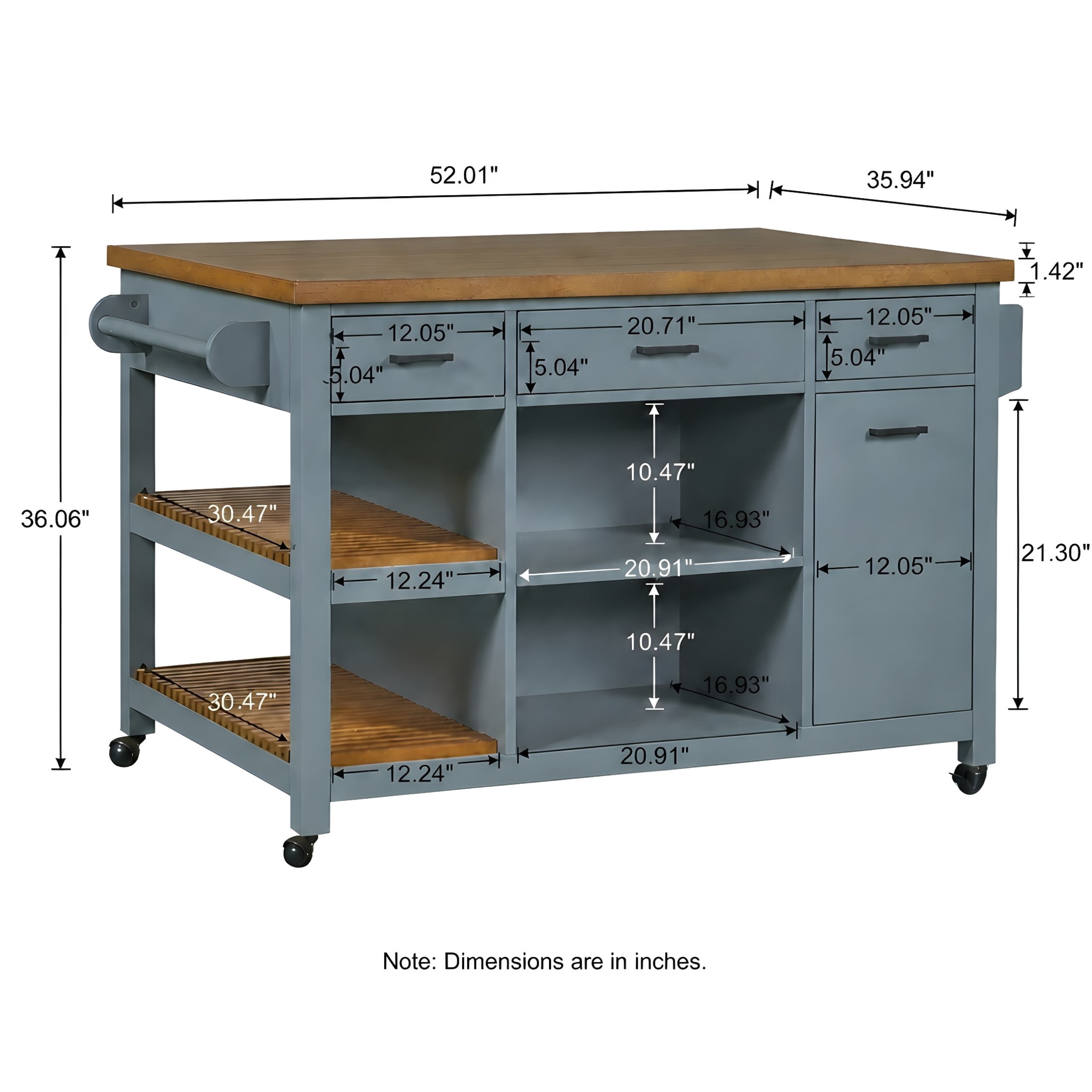Christopher Knight Home 52" Modern Kitchen Island Cart with Wood Top, Storage Cabinet, Blue Gray