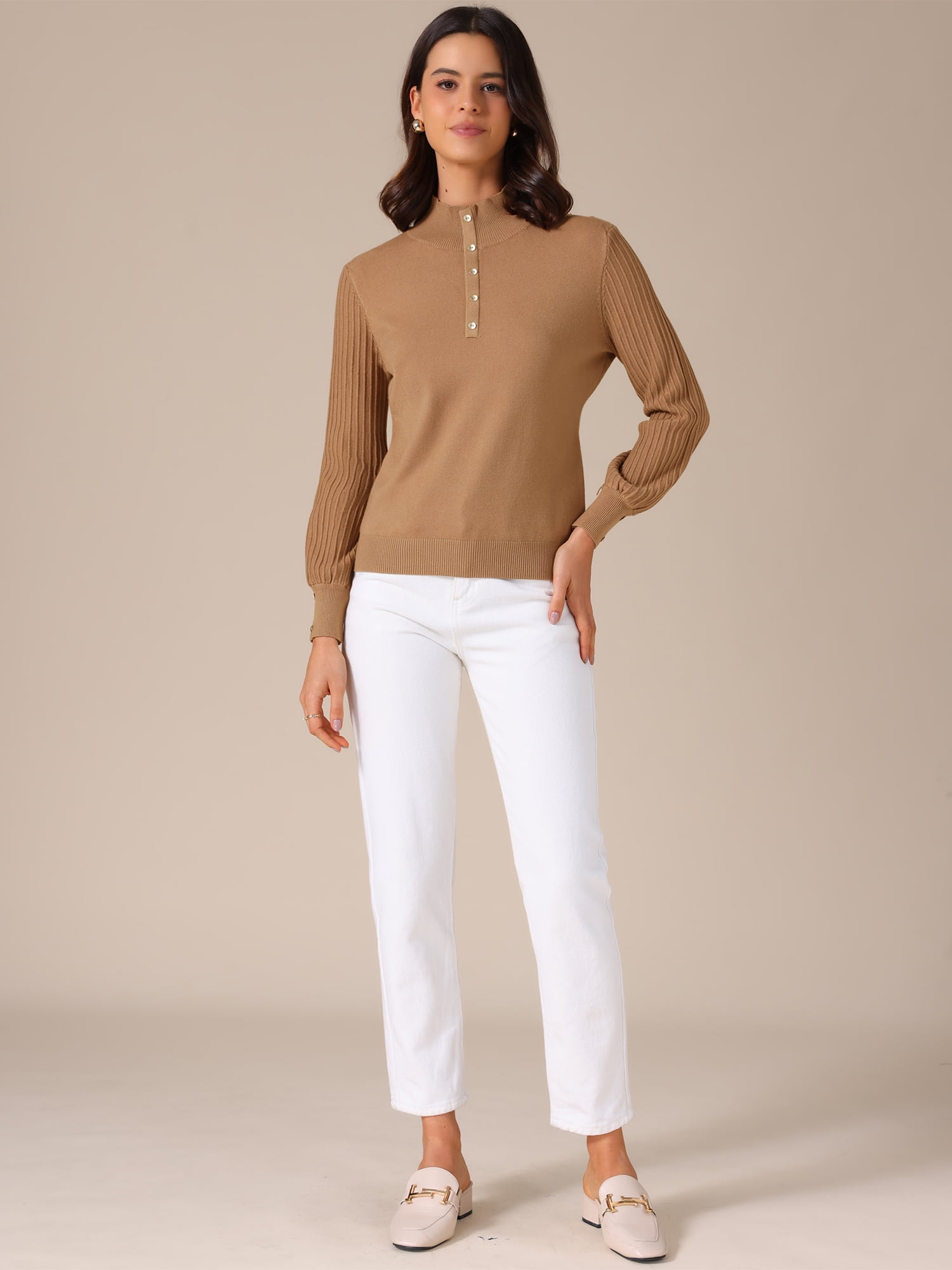 DARING DIVA Women's Casual Mock Neck Long Sleeve Button Knit Top S Brown
