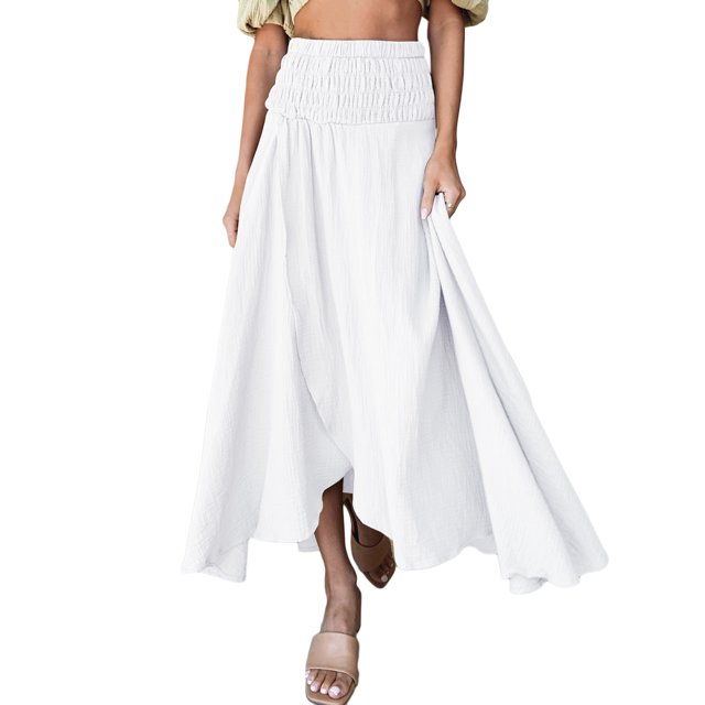 VISgogo Falda larga ahumada para mujer, falda con abertura de color sólido de cintura alta informal de verano para adultos VISgogo moda