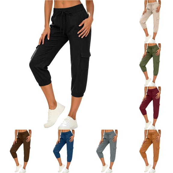 DHFJKG Capris For Women Cargo Pants With Multi Pockets Casual Drawstring Loose Fit Solid Color Pants Activewear Versatile Trousers