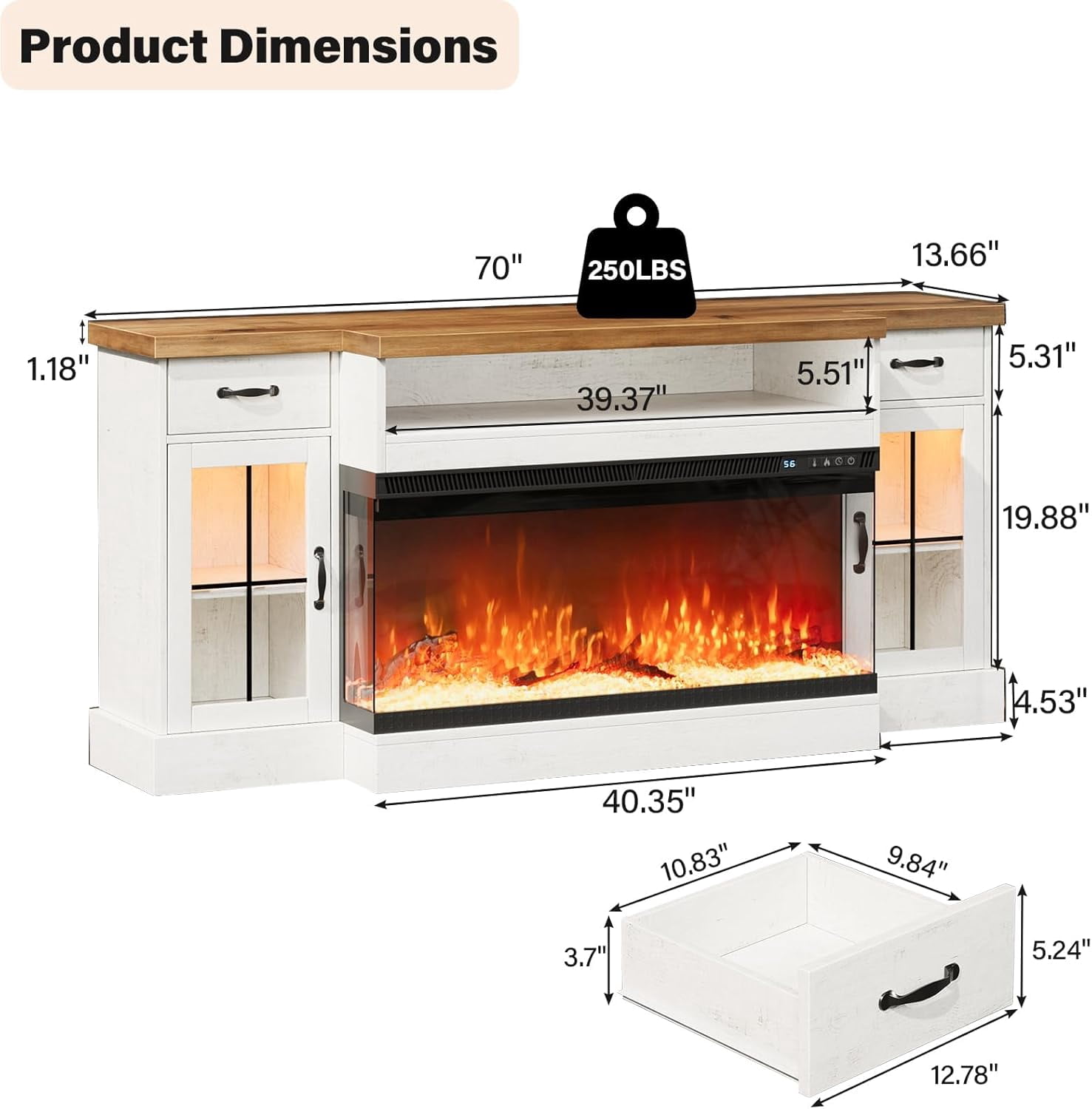 DreamCurship Fireplace TV Stand for TVs up to 80", Farmhouse TV Stand with Electric Fireplace, Glass Door Entertainment Center with Led Light, Media Console Table for Living Room, White