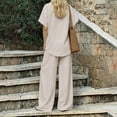 thumbnail image 3 of Two Piece Lounge Sets for Women Fashion Buttons Side Slit Solid Color Round Neck Short Sleeve Tops Elastic Waist Pants Sets Lounge Sets Wide Leg Pants Sets with Pockets, 3 of 8