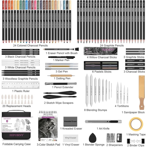 126 PCS Drawing Kit Sketching Pencil Set, Sketch Pencils Art Supplies with 3-Color Sketchbook, Graphite, Charcoal, Blending Tools, Drawing Pencils for Adults Artists in Zipper Case