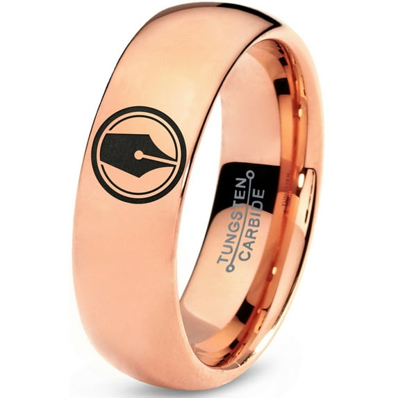 Tungsten Writing Writer Ink Fountain Pen Band Ring 7mm Men Women Comfort Fit 18k Rose Gold Dome Polished