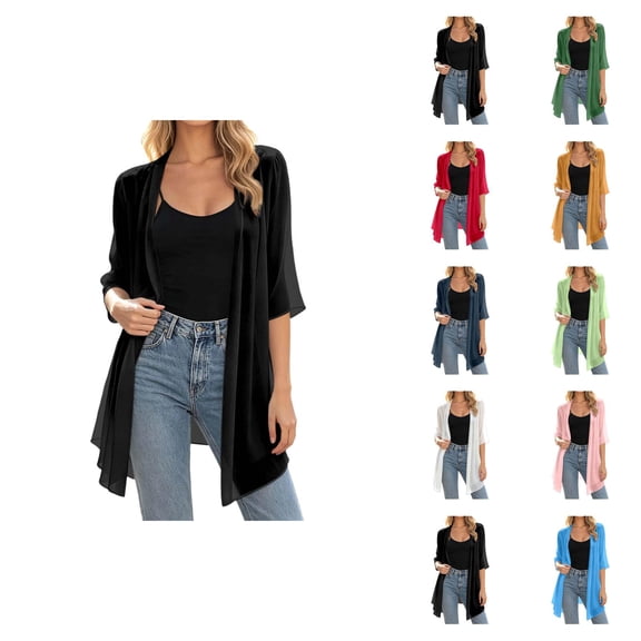 Kimono Cardigans for Women 3/4 Sleeve Lightweight Sheer Chiffon Open Front Long Cardigans Summer Fall Beach Coverups