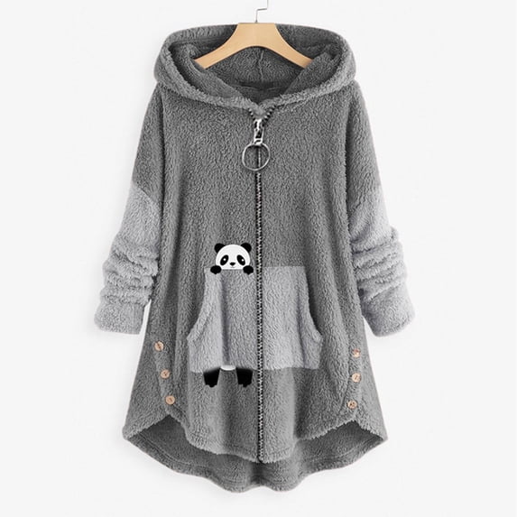 Tdoqot Women's Fleece Jacket- with Hood Plus Size Casual Panda Print Winter Coats for Women Gray Size M
