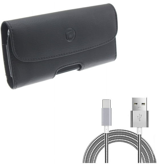 Black PU Leather Case Side Cover Protective Pouch w Durable Metal Braided Type-C USB Cable Charger Power Sync Wire USB-C Data Cord [Silver] A9N for Motorola Moto G7 Power - OnePlus 5T, 6, 6T