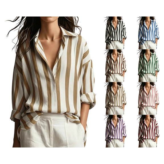 Nugftut Tops for Women Striped Button Down Shirts Long Sleeve Lapel Blouses Casual Basic Tops
