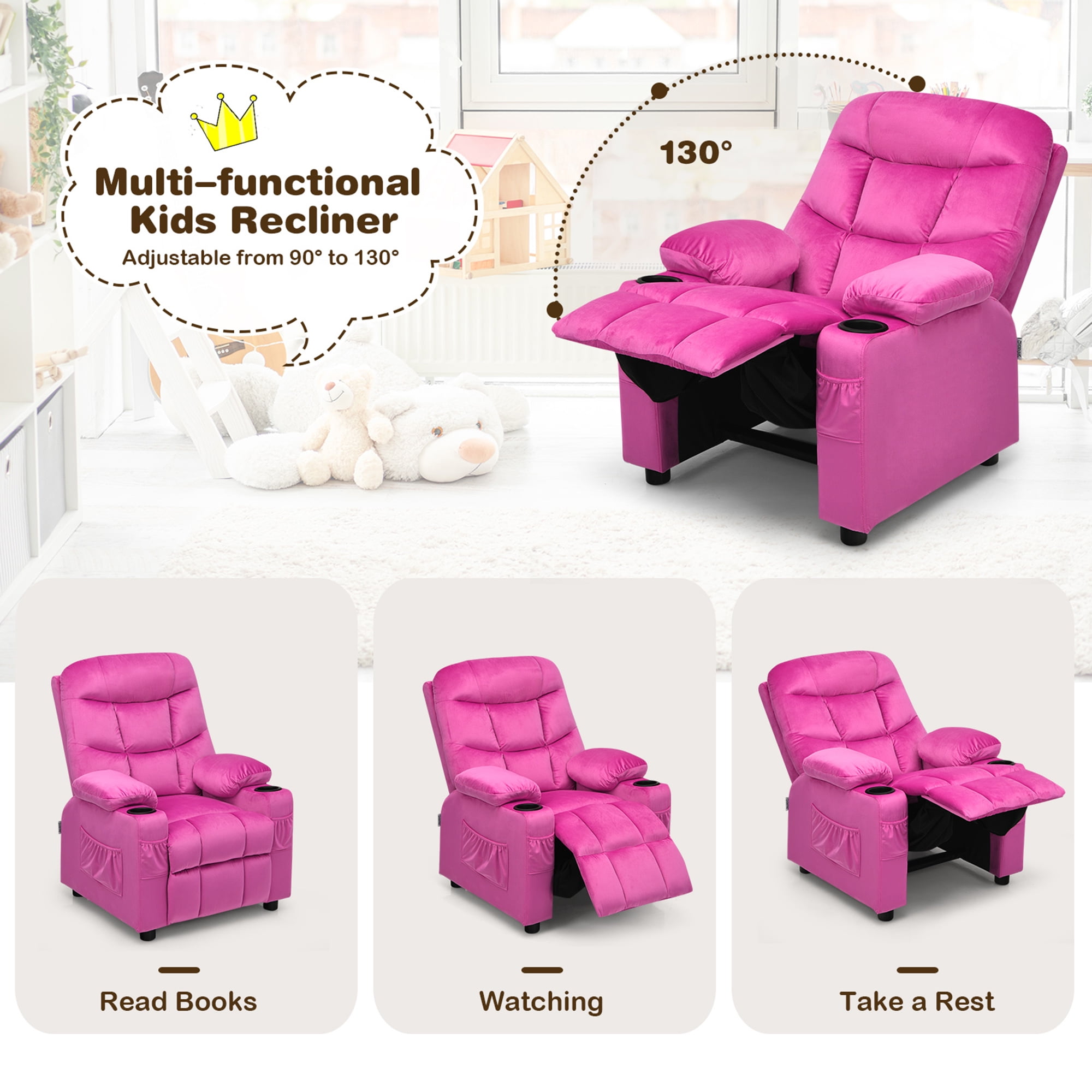 Gymax Kids Youth Recliner Chair Velvet Fabric w/Cup Holder & Side Pocket Pink