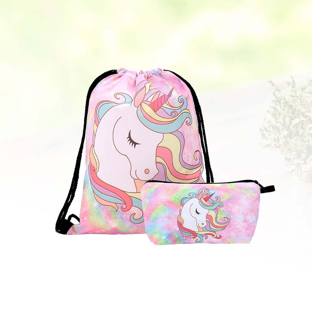 2pcs Unicorn Drawstring Backpack 3D Printed Bouquet Pocket Bundle Pocket Make Up Bag Set Fitness Bag Cosmetic Case Pink Walmart