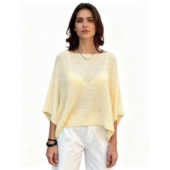 LMLYSoH Women's Mesh Knit Poncho Tops Fashion Solid Color Batwing Sleeve Boat Neck Cover Ups for Summer Daily Wear