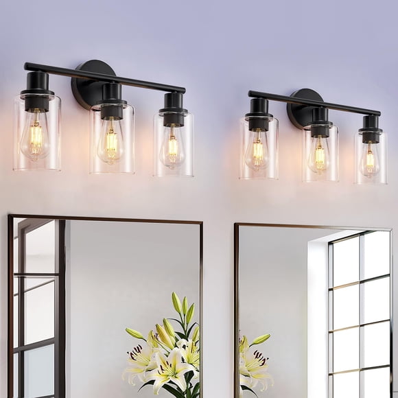 DLLT 3-Light Bathroom Light Fixtures: Set of 2 Black Modern Vanity Lights with Clear Glass Shade - 18.51" Bathroom Wall Lamp for