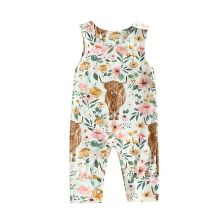 

MissiMae Sleeveless Jumpsuit Crew Neck Cow/Horse Print Pants Casual Daily for Baby Girls Summer 0-18M