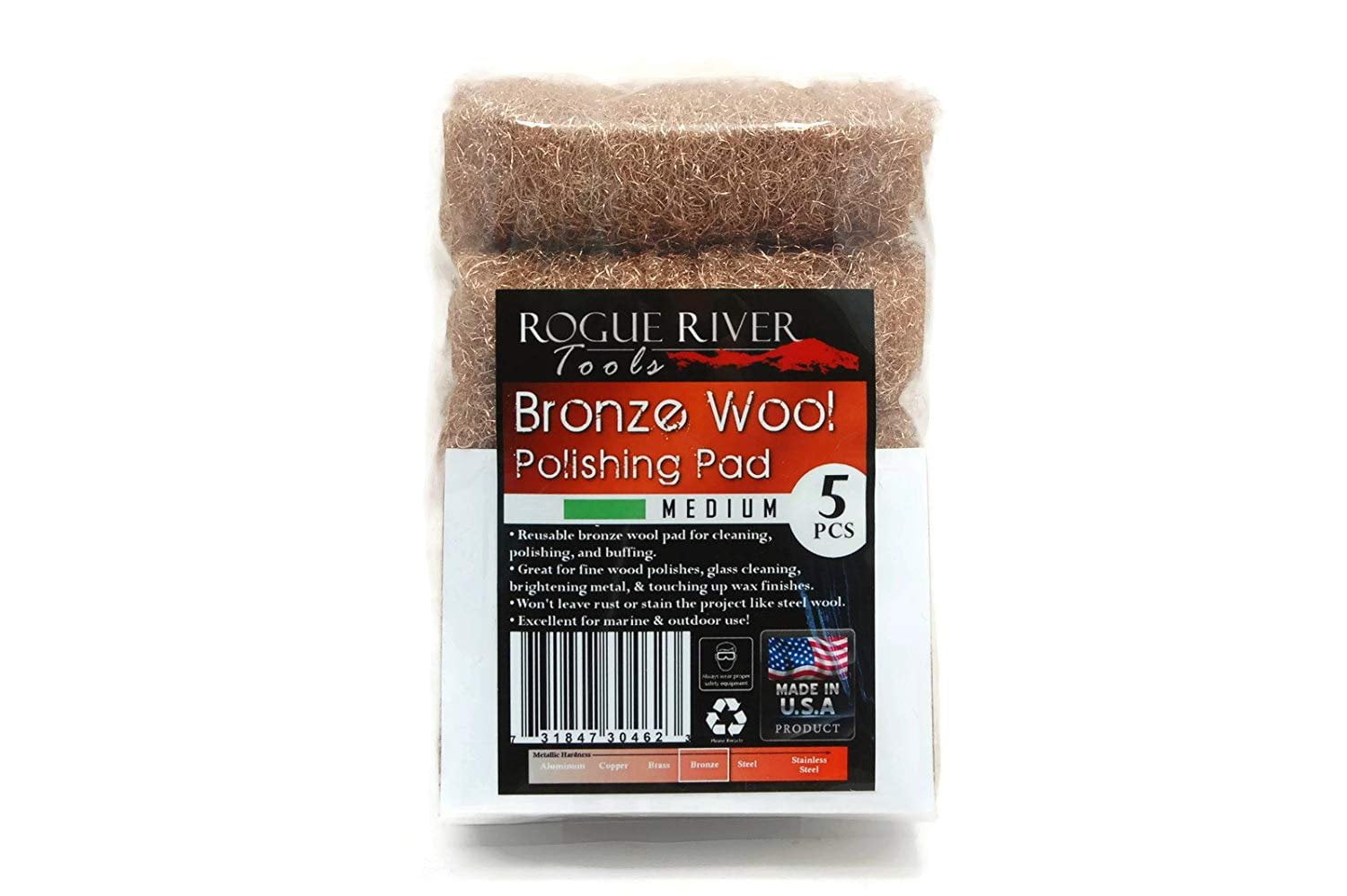 Rogue River Tools Bronze Wool Pads - MEDIUM 5pc CHOOSE GRADE! Marine,  Glass, Wood, IndustrialSoft Touch, No Rust! Made in the USA 