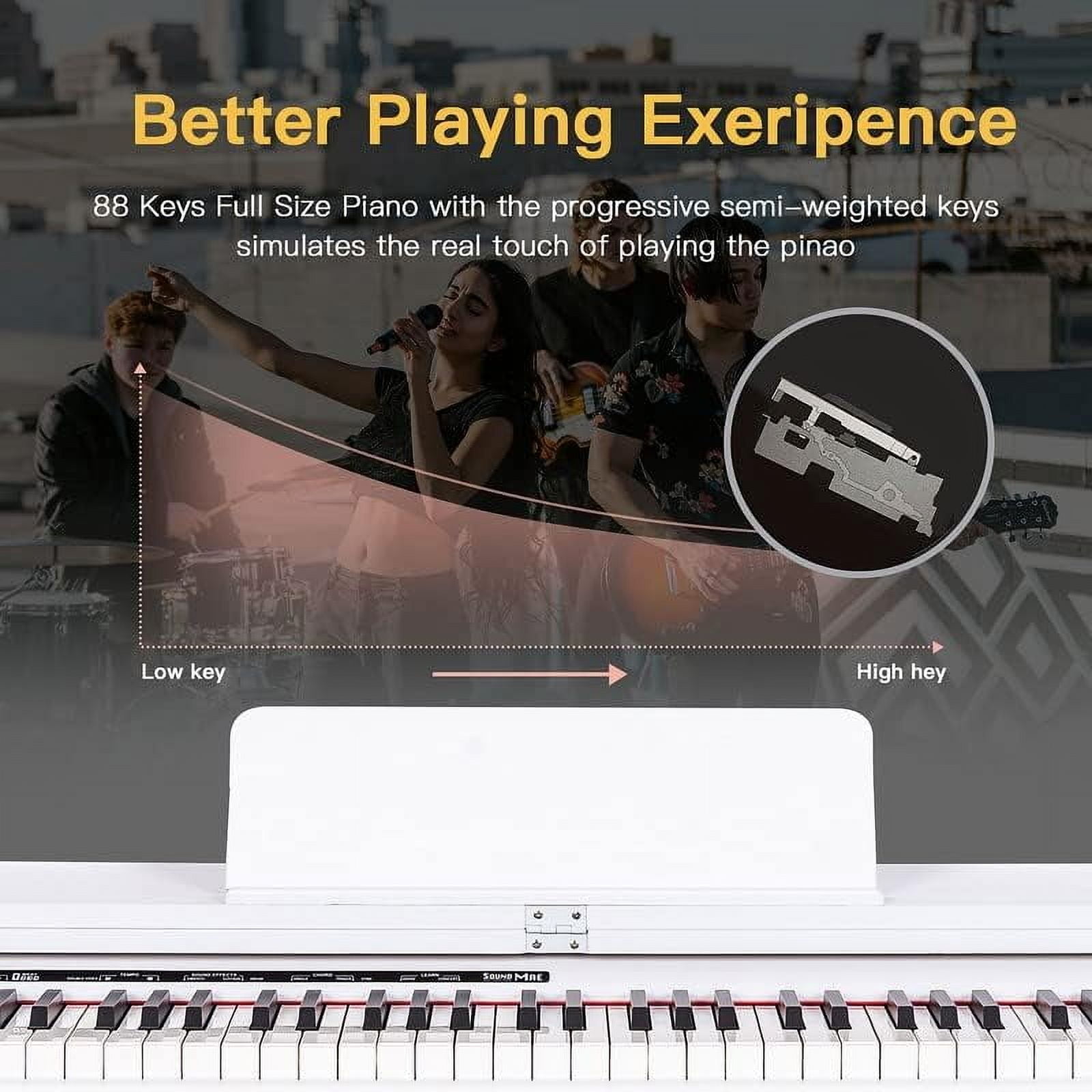 HEXANT 88-Key Weighted Digital Piano, Full-Size Semi-Weighted Upright Flip Electric Keyboard Piano with 3 Pedal and Multi-Functional Keyboard for Beginner(with Bench,White)