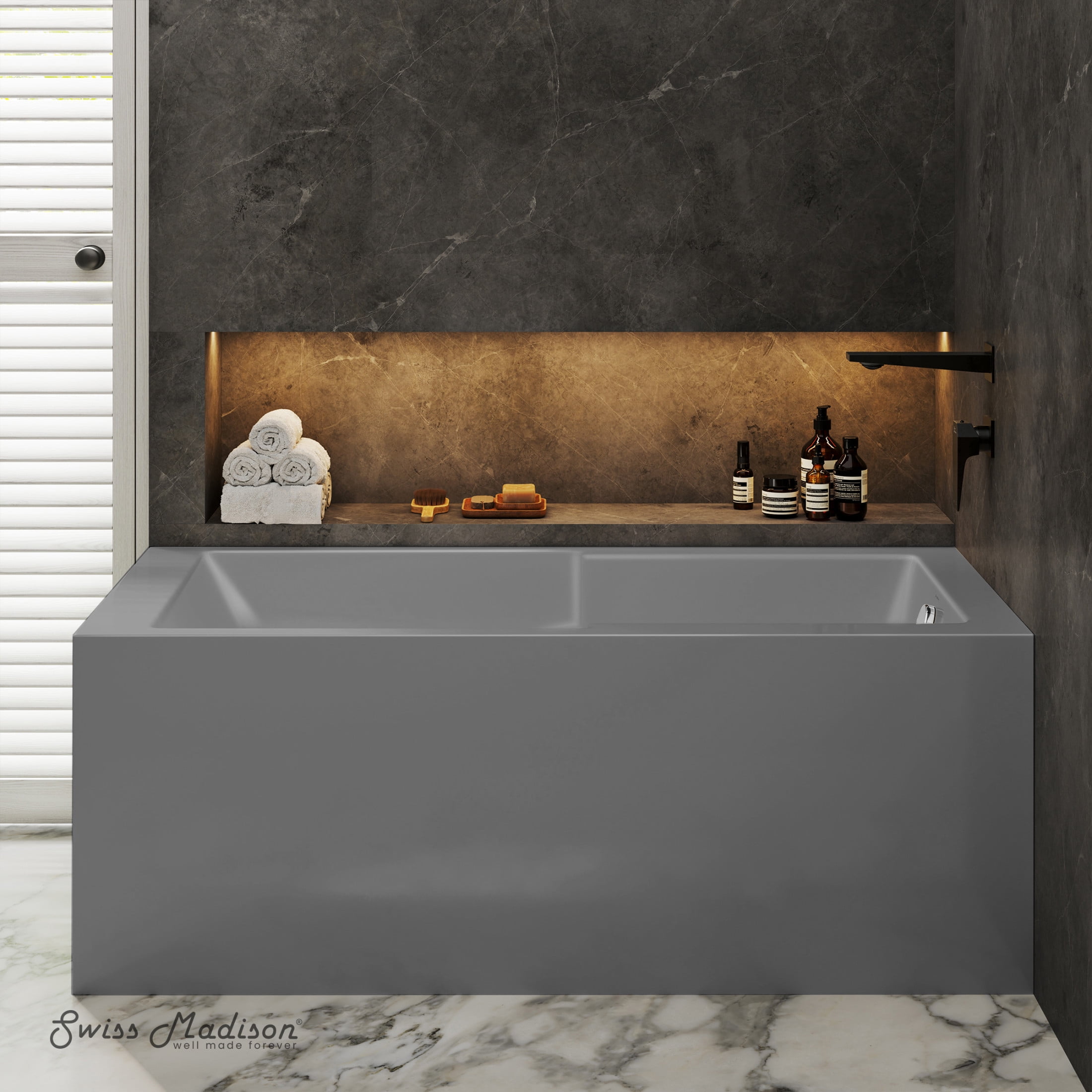 Claire 60 x 32 Right Drain Soaking Alcove Corner Apron Bathtub in Glossy Gray