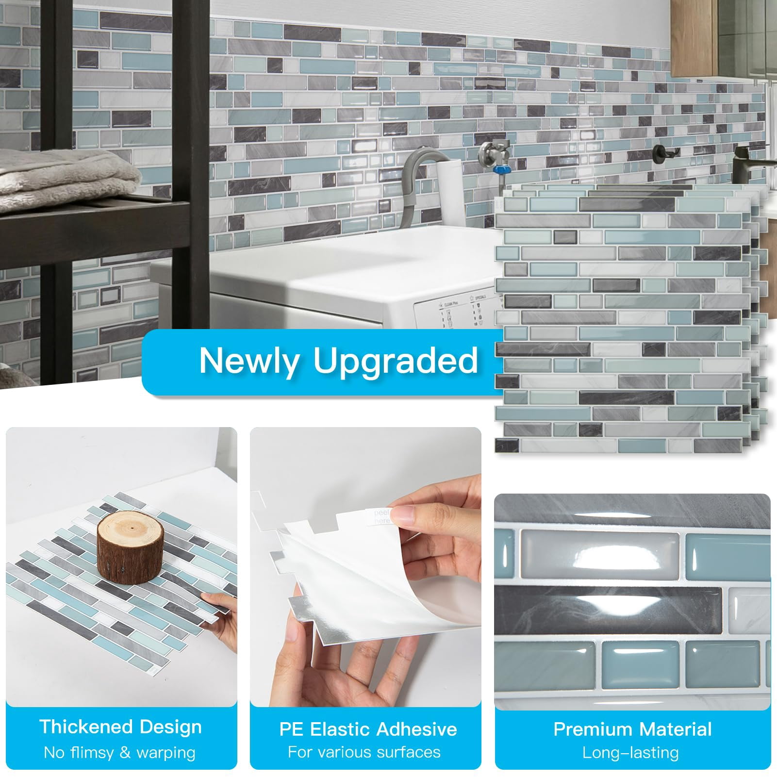 10-sheet Heavy-duty Peel And Stick Backsplash  Waterproof Wall Tiles On Kitchen Living Space Gray & Blue