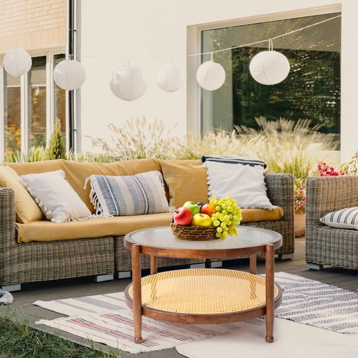 31.5" Rattan Coffee Table - Round Tempered Glass Top , Hand-Woven Rattan Shelf, Rubberwood Frame, Indoor/Outdoor Use for Living Room, Patio, Bedroom, Balcony