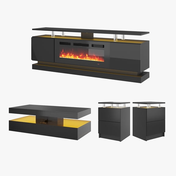Sonegra 4-Piece Living Room Table Set Includes High Gloss 70'' Modern Fireplace TV Stand, Modern Coffee Table and 2 End Tables for Living Room, Bedroom, Black